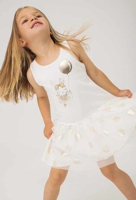Vestido punto combinado niña, diseño topos blanco